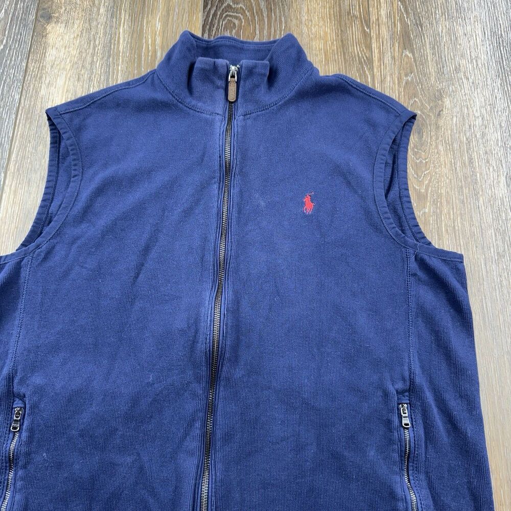 Vintage Polo Ralph Lauren Vest Mens L Navy Blue Red Pony Logo Y2K Zip Up Sweater